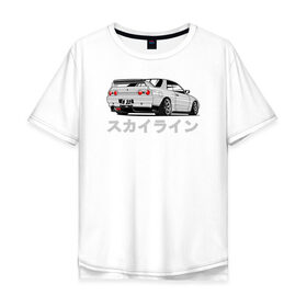 Мужская футболка хлопок Oversize с принтом R32 GODZILLA в Тюмени, 100% хлопок | свободный крой, круглый ворот, “спинка” длиннее передней части | godzilla | nissan | r32 | r33 | r34 | skyline | годзила | ниссан | скайлайн