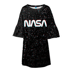 Детское платье 3D с принтом NASA GLITCH SPACE в Тюмени, 100% полиэстер | прямой силуэт, чуть расширенный к низу. Круглая горловина, на рукавах — воланы | Тематика изображения на принте: galaxy | nasa | space | space company | star | астрономия | галактика | звезды | космическая компания | космос | наса
