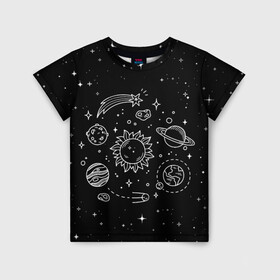 Детская футболка 3D с принтом Космос нарисованный  в Тюмени, 100% гипоаллергенный полиэфир | прямой крой, круглый вырез горловины, длина до линии бедер, чуть спущенное плечо, ткань немного тянется | Тематика изображения на принте: nasa | астрономия | вселенная | галактика | звёзды | земля | комета | марс | метеорит | небо | планета | планеты | рисунок | сатурн | солнце | спутник | юпитер