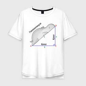 Мужская футболка хлопок Oversize с принтом Гиппопотинуза в Тюмени, 100% хлопок | свободный крой, круглый ворот, “спинка” длиннее передней части | гиппопотам. гипотенуза. катет | теорема | треугольник | угол. геометрия. математика. школа