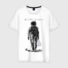 Мужская футболка хлопок с принтом Мы пришли с миром в Тюмени, 100% хлопок | прямой крой, круглый вырез горловины, длина до линии бедер, слегка спущенное плечо. | Тематика изображения на принте: арт | космонавт | космос | мир | мусор | экология