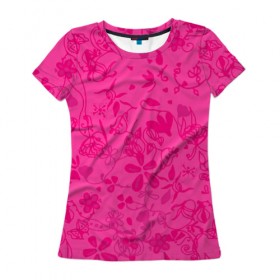 Женская футболка 3D с принтом Романтика в Тюмени, 100% полиэфир ( синтетическое хлопкоподобное полотно) | прямой крой, круглый вырез горловины, длина до линии бедер | нежный | розовый | узоры | цветы