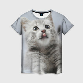 Женская футболка 3D с принтом Котенок в Тюмени, 100% полиэфир ( синтетическое хлопкоподобное полотно) | прямой крой, круглый вырез горловины, длина до линии бедер | голова | животные | кот | котенок | котик | кошка | мордочка | природа | язык