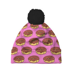 Шапка 3D c помпоном с принтом Пончики Паттерн в Тюмени, 100% полиэстер | универсальный размер, печать по всей поверхности изделия | donut | вкусный | вкусняшка | еда | пончик | розовый