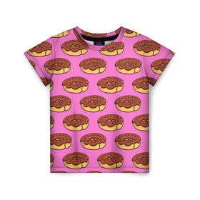 Детская футболка 3D с принтом Пончики Паттерн в Тюмени, 100% гипоаллергенный полиэфир | прямой крой, круглый вырез горловины, длина до линии бедер, чуть спущенное плечо, ткань немного тянется | donut | вкусный | вкусняшка | еда | пончик | розовый