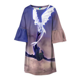 Детское платье 3D с принтом как приручить дракона в Тюмени, 100% полиэстер | прямой силуэт, чуть расширенный к низу. Круглая горловина, на рукавах — воланы | light fury | night fury | беззубик | дракон | как приручить дракона | ночная фурия