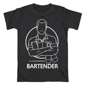 Мужская футболка хлопок с принтом Bartender в Тюмени, 100% хлопок | прямой крой, круглый вырез горловины, длина до линии бедер, слегка спущенное плечо. | bar | barman | bartender | бармен | бартендер | бутылки | виски | день бармена | мужчина | надпись | подарок бармену | рисунок | человек | шейкер