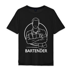 Мужская футболка хлопок Oversize с принтом Bartender в Тюмени, 100% хлопок | свободный крой, круглый ворот, “спинка” длиннее передней части | Тематика изображения на принте: bar | barman | bartender | бармен | бартендер | бутылки | виски | день бармена | мужчина | надпись | подарок бармену | рисунок | человек | шейкер