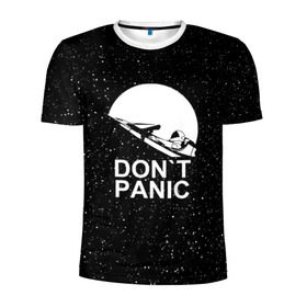 Мужская футболка 3D спортивная с принтом DON`T PANIC в Тюмени, 100% полиэстер с улучшенными характеристиками | приталенный силуэт, круглая горловина, широкие плечи, сужается к линии бедра | Тематика изображения на принте: don t panic | elon mask | galaxy | nasa | space x | stars | галактика | звезды | знаменитости | илон маск | космос | не паникуйте