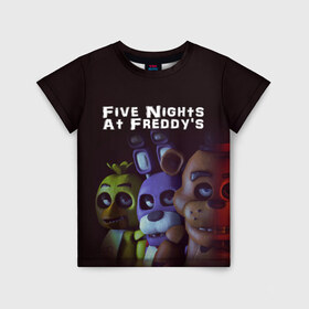 Детская футболка 3D с принтом Five Nights At Freddy`s в Тюмени, 100% гипоаллергенный полиэфир | прямой крой, круглый вырез горловины, длина до линии бедер, чуть спущенное плечо, ткань немного тянется | five nights at freddys | foxy | аниматроники | игра | компьютерная игра | робот | фокси | фредди | чика