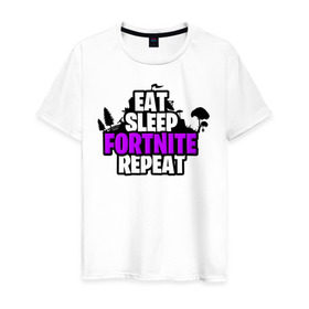 Мужская футболка хлопок с принтом Eat Sleep Fortnite Repeat в Тюмени, 100% хлопок | прямой крой, круглый вырез горловины, длина до линии бедер, слегка спущенное плечо. | eat | fortnite | game | gamer | repeat | sleep | twitch | игра | игрок | твич | форнайт | фортнайт