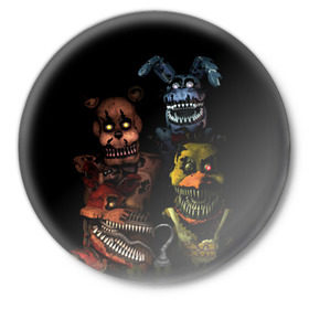 Значок с принтом Five Nights At Freddy`s в Тюмени,  металл | круглая форма, металлическая застежка в виде булавки | five nights at freddys | foxy | аниматроники | игра | компьютерная игра | робот | фокси | фредди | чика