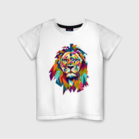 Детская футболка хлопок с принтом Lion в Тюмени, 100% хлопок | круглый вырез горловины, полуприлегающий силуэт, длина до линии бедер | Тематика изображения на принте: cat | geometry | leo | lion | polygonal | wild | геометрия | дикий | животное | кот | лев | хищник | яркий
