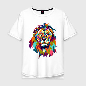 Мужская футболка хлопок Oversize с принтом Lion в Тюмени, 100% хлопок | свободный крой, круглый ворот, “спинка” длиннее передней части | Тематика изображения на принте: cat | geometry | leo | lion | polygonal | wild | геометрия | дикий | животное | кот | лев | хищник | яркий