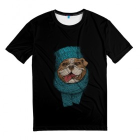 Мужская футболка 3D с принтом Бульдог в Тюмени, 100% полиэфир | прямой крой, круглый вырез горловины, длина до линии бедер | арт | бульдог | вязанный | зима | зимняя одежда | иллюстрация | пес | песик | псина | собака | шарф