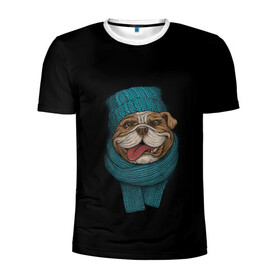 Мужская футболка 3D спортивная с принтом Бульдог  в Тюмени, 100% полиэстер с улучшенными характеристиками | приталенный силуэт, круглая горловина, широкие плечи, сужается к линии бедра | арт | бульдог | вязанный | зима | зимняя одежда | иллюстрация | пес | песик | псина | собака | шарф