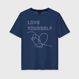 Женская футболка хлопок Oversize с принтом BTS LOVE YOURSELF в Тюмени, 100% хлопок | свободный крой, круглый ворот, спущенный рукав, длина до линии бедер
 | bangtan boys | bt21 | bts | bts army | bts stickers | j hope | jimin | jin | jungkook | k pop | rap monster | rapmon | suga | v | бтс | корея | стикеры bts