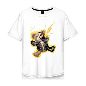 Мужская футболка хлопок Oversize с принтом Electric bear в Тюмени, 100% хлопок | свободный крой, круглый ворот, “спинка” длиннее передней части | Тематика изображения на принте: медведь | металл | мишка | молния | плюшевый мишка | рок | рокер | ток | электричество