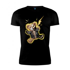 Мужская футболка премиум с принтом Electric bear в Тюмени, 92% хлопок, 8% лайкра | приталенный силуэт, круглый вырез ворота, длина до линии бедра, короткий рукав | Тематика изображения на принте: медведь | металл | мишка | молния | плюшевый мишка | рок | рокер | ток | электричество