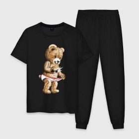 Мужская пижама хлопок с принтом Nasty bear в Тюмени, 100% хлопок | брюки и футболка прямого кроя, без карманов, на брюках мягкая резинка на поясе и по низу штанин
 | Тематика изображения на принте: медведь | мишка | плюшевый | селфи | тедди