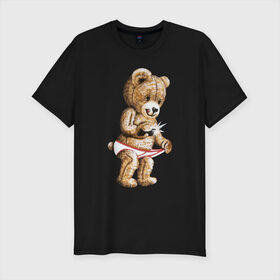 Мужская футболка премиум с принтом Nasty bear в Тюмени, 92% хлопок, 8% лайкра | приталенный силуэт, круглый вырез ворота, длина до линии бедра, короткий рукав | медведь | мишка | плюшевый | селфи | тедди