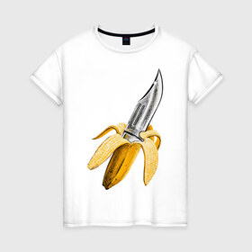 Женская футболка хлопок с принтом BANANA в Тюмени, 100% хлопок | прямой крой, круглый вырез горловины, длина до линии бедер, слегка спущенное плечо | banana | knife | pop art | банан | нож | оружие | поп арт