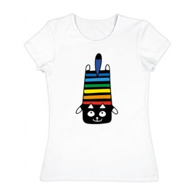 Женская футболка хлопок с принтом Rainbow cat в Тюмени, 100% хлопок | прямой крой, круглый вырез горловины, длина до линии бедер, слегка спущенное плечо | black | cat | cool | creative | dark | design | halloween | hype | kitten | rainbow | vanguard | авангард | дизайн | кот | котенок | кошка | креатив | круто | радуга | темный | хайп | хэллоуин | черный