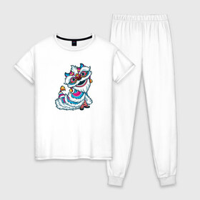 Женская пижама хлопок с принтом Танец льва (Китай) в Тюмени, 100% хлопок | брюки и футболка прямого кроя, без карманов, на брюках мягкая резинка на поясе и по низу штанин | дракон | красный | лев | национальный | танец