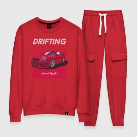 Женский костюм хлопок с принтом drifting is not a crime в Тюмени, 100% хлопок | на свитшоте круглая горловина, мягкая резинка по низу. Брюки заужены к низу, на них два вида карманов: два 