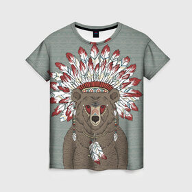 Женская футболка 3D с принтом Медведь индеец в Тюмени, 100% полиэфир ( синтетическое хлопкоподобное полотно) | прямой крой, круглый вырез горловины, длина до линии бедер | animal | bear | braids | feathers | in | взгляд | голова | графика | дикий | животное | индеец | ирокез | картинка | косы | красивый | крутой | лучший | медведь | мода | модный | молодёжная | орнамент | перья | природа