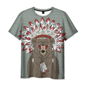Мужская футболка 3D с принтом Медведь индеец в Тюмени, 100% полиэфир | прямой крой, круглый вырез горловины, длина до линии бедер | animal | bear | braids | feathers | in | взгляд | голова | графика | дикий | животное | индеец | ирокез | картинка | косы | красивый | крутой | лучший | медведь | мода | модный | молодёжная | орнамент | перья | природа