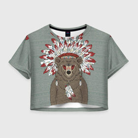 Женская футболка 3D укороченная с принтом Медведь индеец в Тюмени, 100% полиэстер | круглая горловина, длина футболки до линии талии, рукава с отворотами | animal | bear | braids | feathers | in | взгляд | голова | графика | дикий | животное | индеец | ирокез | картинка | косы | красивый | крутой | лучший | медведь | мода | модный | молодёжная | орнамент | перья | природа