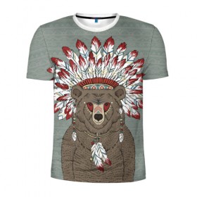 Мужская футболка 3D спортивная с принтом Медведь индеец в Тюмени, 100% полиэстер с улучшенными характеристиками | приталенный силуэт, круглая горловина, широкие плечи, сужается к линии бедра | animal | bear | braids | feathers | in | взгляд | голова | графика | дикий | животное | индеец | ирокез | картинка | косы | красивый | крутой | лучший | медведь | мода | модный | молодёжная | орнамент | перья | природа