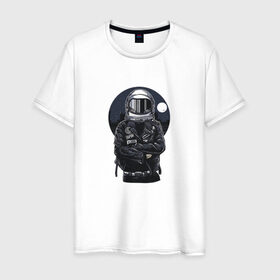 Мужская футболка хлопок с принтом Biker Astronaut в Тюмени, 100% хлопок | прямой крой, круглый вырез горловины, длина до линии бедер, слегка спущенное плечо. | астронавт | байкер | вселенная | звезды | космонавт | космос | косуха | крутой | луна | наса | рок | шлем