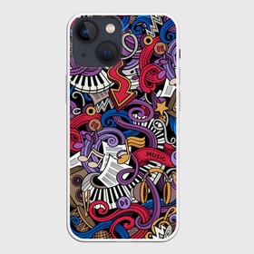 Чехол для iPhone 13 mini с принтом Music collage в Тюмени,  |  | collage | instruments | music | musical | not | волны | гитары | графика | звёзды | инструменты | искусство | картинка | клавиши | коллаж | колонки | крутой | лучший | микрофоны | мода | модный | молодёжная | музыка