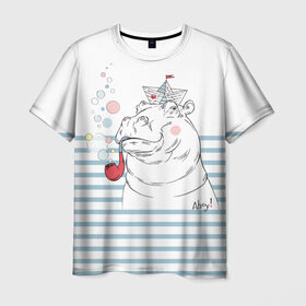Мужская футболка 3D с принтом Бегемот моряк в Тюмени, 100% полиэфир | прямой крой, круглый вырез горловины, длина до линии бедер | a | blush | bubbles | cap | deck | hippo | pipe | sailor | sea | ship | smokes | stripes | бегемот | графика | детский | искусство | картинка | корабль | крутой | лучший | мода | модный | молодёжная | море | моряк | палуба | пилотка | полосы