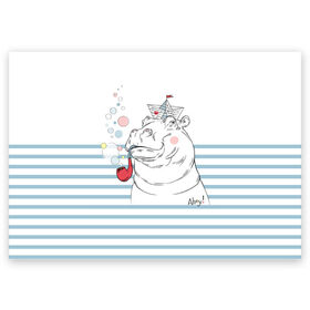 Поздравительная открытка с принтом Бегемот моряк в Тюмени, 100% бумага | плотность бумаги 280 г/м2, матовая, на обратной стороне линовка и место для марки
 | Тематика изображения на принте: a | blush | bubbles | cap | deck | hippo | pipe | sailor | sea | ship | smokes | stripes | бегемот | графика | детский | искусство | картинка | корабль | крутой | лучший | мода | модный | молодёжная | море | моряк | палуба | пилотка | полосы
