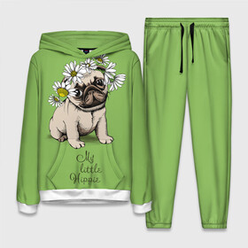 Женский костюм 3D (с толстовкой) с принтом My little hippie в Тюмени,  |  | breed | dog | hippie | kid | little | my | pug | puppy | wreath | венок | графика | зелёный | картинка | красивый | крутой | лучший | маленький | малыш | мода | модный | мой | молодёжная | мопс | порода | рисунок | ромашки | собака