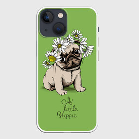 Чехол для iPhone 13 mini с принтом My little hippie в Тюмени,  |  | breed | dog | hippie | kid | little | my | pug | puppy | wreath | венок | графика | зелёный | картинка | красивый | крутой | лучший | маленький | малыш | мода | модный | мой | молодёжная | мопс | порода | рисунок | ромашки | собака