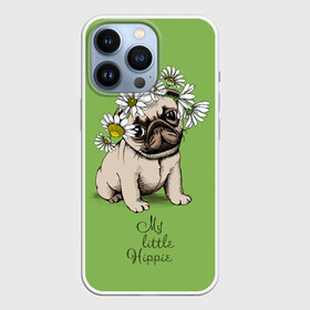 Чехол для iPhone 13 Pro с принтом My little hippie в Тюмени,  |  | Тематика изображения на принте: breed | dog | hippie | kid | little | my | pug | puppy | wreath | венок | графика | зелёный | картинка | красивый | крутой | лучший | маленький | малыш | мода | модный | мой | молодёжная | мопс | порода | рисунок | ромашки | собака