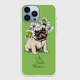 Чехол для iPhone 13 Pro Max с принтом My little hippie в Тюмени,  |  | breed | dog | hippie | kid | little | my | pug | puppy | wreath | венок | графика | зелёный | картинка | красивый | крутой | лучший | маленький | малыш | мода | модный | мой | молодёжная | мопс | порода | рисунок | ромашки | собака