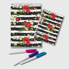 Блокнот с принтом Розы и орхидеи в Тюмени, 100% бумага | 48 листов, плотность листов — 60 г/м2, плотность картонной обложки — 250 г/м2. Листы скреплены удобной пружинной спиралью. Цвет линий — светло-серый
 | Тематика изображения на принте: flowers | orchi | roses | белый | букеты | графика | зелёный | искусство | картинка | красивый | красный | крутой | листья | мода | модный | молодёжная | орнамент | орхидеи | полосы | рисунок | розы | рукоделие
