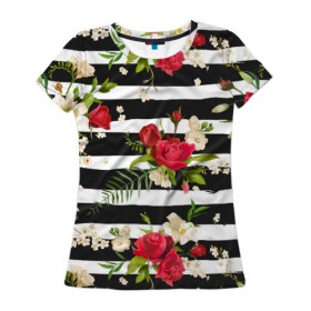 Женская футболка 3D с принтом Розы и орхидеи в Тюмени, 100% полиэфир ( синтетическое хлопкоподобное полотно) | прямой крой, круглый вырез горловины, длина до линии бедер | flowers | orchi | roses | белый | букеты | графика | зелёный | искусство | картинка | красивый | красный | крутой | листья | мода | модный | молодёжная | орнамент | орхидеи | полосы | рисунок | розы | рукоделие