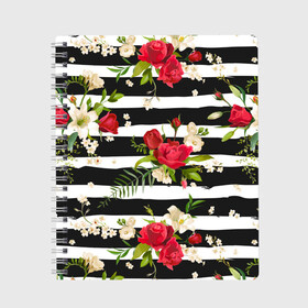 Тетрадь с принтом Розы и орхидеи в Тюмени, 100% бумага | 48 листов, плотность листов — 60 г/м2, плотность картонной обложки — 250 г/м2. Листы скреплены сбоку удобной пружинной спиралью. Уголки страниц и обложки скругленные. Цвет линий — светло-серый
 | flowers | orchi | roses | белый | букеты | графика | зелёный | искусство | картинка | красивый | красный | крутой | листья | мода | модный | молодёжная | орнамент | орхидеи | полосы | рисунок | розы | рукоделие