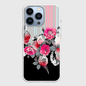 Чехол для iPhone 13 Pro с принтом Розы в Тюмени,  |  | Тематика изображения на принте: branches | flora | flowers | leaves | ornament | patterns | ветки | графика | искусство | картинка | красивый | крутой | листья | мода | модный | молодёжная | орнамент | полосатый | рисунок | розы | рукоделие | стиль