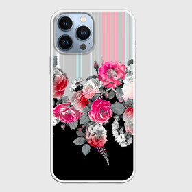 Чехол для iPhone 13 Pro Max с принтом Розы в Тюмени,  |  | Тематика изображения на принте: branches | flora | flowers | leaves | ornament | patterns | ветки | графика | искусство | картинка | красивый | крутой | листья | мода | модный | молодёжная | орнамент | полосатый | рисунок | розы | рукоделие | стиль