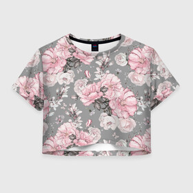 Женская футболка 3D укороченная с принтом Розовые розы в Тюмени, 100% полиэстер | круглая горловина, длина футболки до линии талии, рукава с отворотами | bouquets | color | gray | leave | lowers | ornament | patterns | pink | roses | букеты | графика | искусство | картинка | красивый | крутой | листья | мода | модный | молодёжная | орнамент | рисунок | розовые | розы | рукоделие | серый