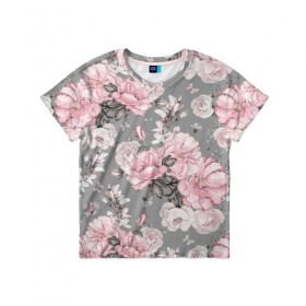 Детская футболка 3D с принтом Розовые розы в Тюмени, 100% гипоаллергенный полиэфир | прямой крой, круглый вырез горловины, длина до линии бедер, чуть спущенное плечо, ткань немного тянется | bouquets | color | gray | leave | lowers | ornament | patterns | pink | roses | букеты | графика | искусство | картинка | красивый | крутой | листья | мода | модный | молодёжная | орнамент | рисунок | розовые | розы | рукоделие | серый