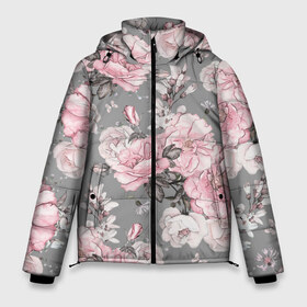 Мужская зимняя куртка 3D с принтом Розовые розы в Тюмени, верх — 100% полиэстер; подкладка — 100% полиэстер; утеплитель — 100% полиэстер | длина ниже бедра, свободный силуэт Оверсайз. Есть воротник-стойка, отстегивающийся капюшон и ветрозащитная планка. 

Боковые карманы с листочкой на кнопках и внутренний карман на молнии. | bouquets | color | gray | leave | lowers | ornament | patterns | pink | roses | букеты | графика | искусство | картинка | красивый | крутой | листья | мода | модный | молодёжная | орнамент | рисунок | розовые | розы | рукоделие | серый