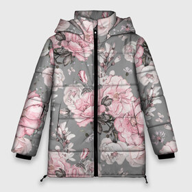Женская зимняя куртка 3D с принтом Розовые розы в Тюмени, верх — 100% полиэстер; подкладка — 100% полиэстер; утеплитель — 100% полиэстер | длина ниже бедра, силуэт Оверсайз. Есть воротник-стойка, отстегивающийся капюшон и ветрозащитная планка. 

Боковые карманы с листочкой на кнопках и внутренний карман на молнии | bouquets | color | gray | leave | lowers | ornament | patterns | pink | roses | букеты | графика | искусство | картинка | красивый | крутой | листья | мода | модный | молодёжная | орнамент | рисунок | розовые | розы | рукоделие | серый